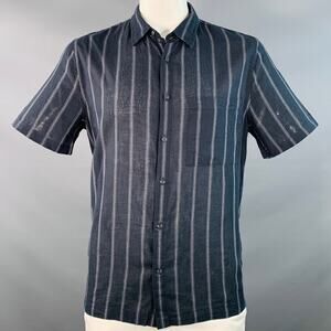 VINCE L Black Grey Stripe Linen Cotton Classic Fit One Pocket Short Sleeve Shirt